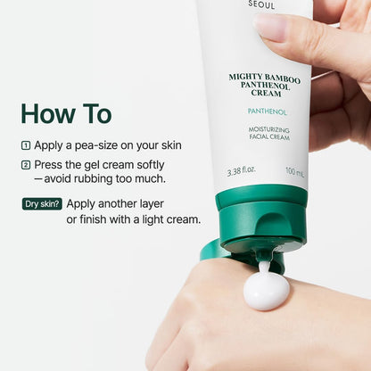Hand applying a tube of 'Mighty Bamboo Panthenol Cream' to skin with text on how to use it.