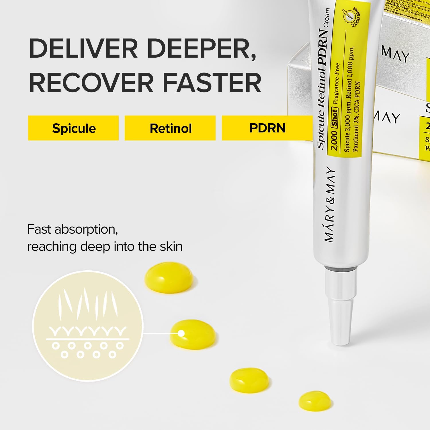 Skincare product with text highlighting Spicule, Retinol, and PDRN, and a close-up of the product on a white background.