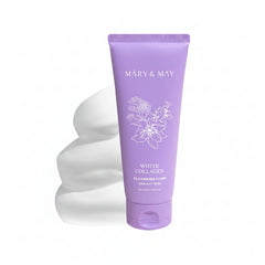 Purple tube of Mary & May White Collagen Cleansing Foam with floral design on a white background