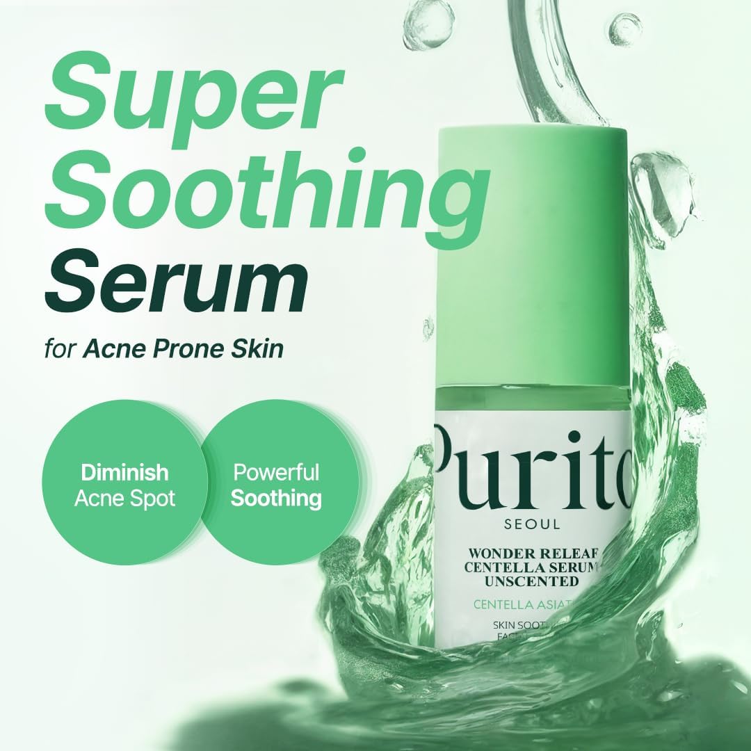 Purito Super Soothing Serum bottle with green droplets on a white background