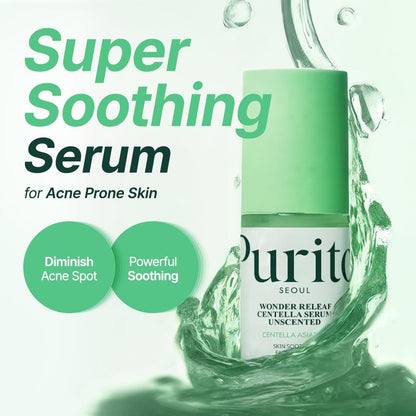 Purito Super Soothing Serum bottle with green droplets on a white background