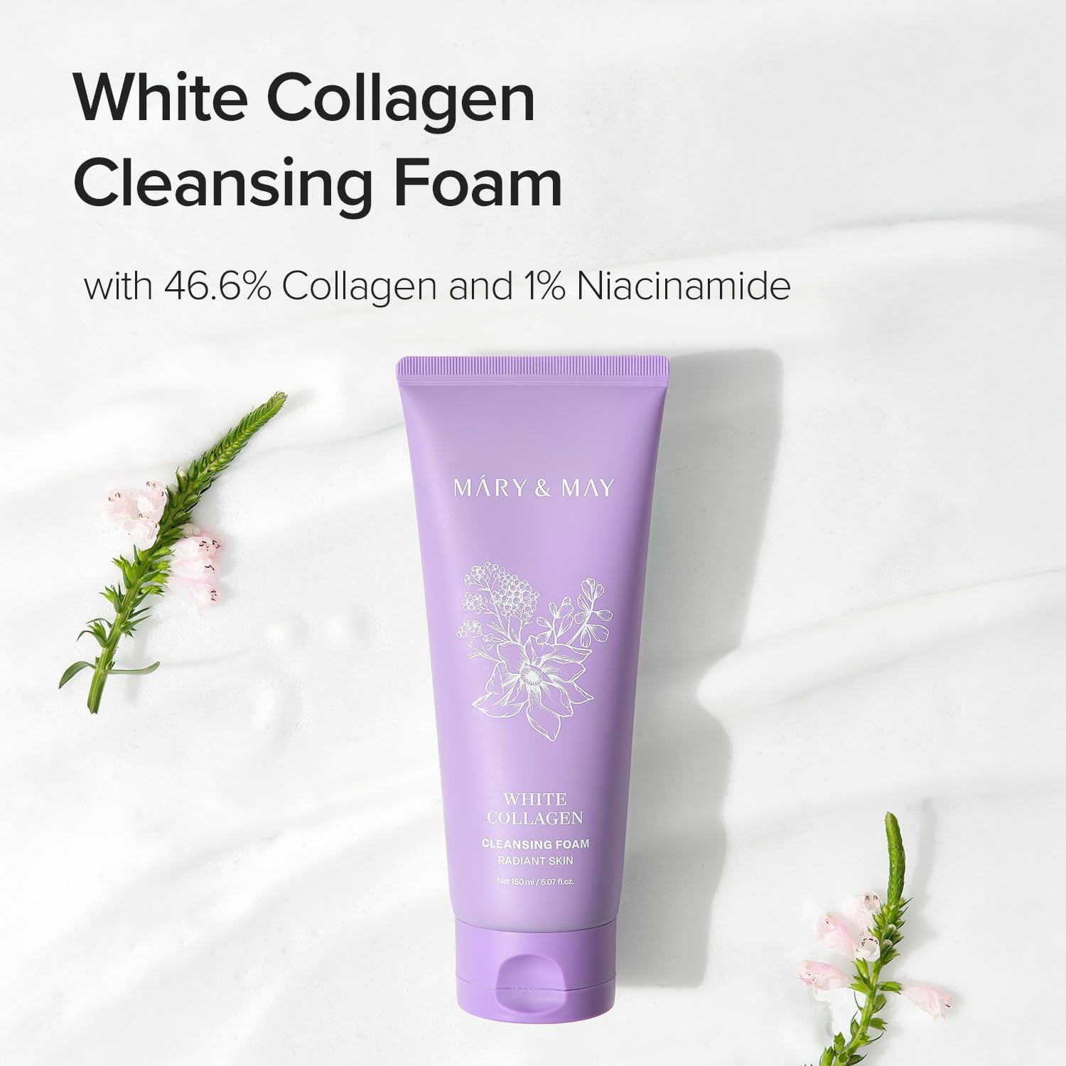 Purple tube of White Collagen Cleansing Foam with text on a white background