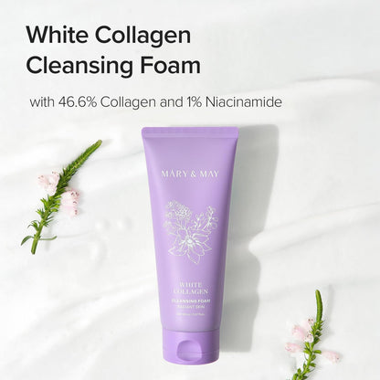 Purple tube of White Collagen Cleansing Foam with text on a white background