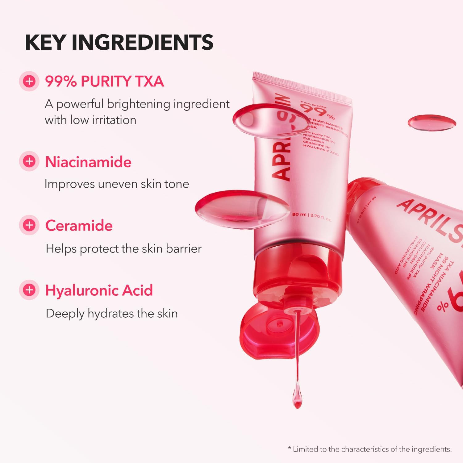 April Skin skincare product with key ingredients listed on a white background