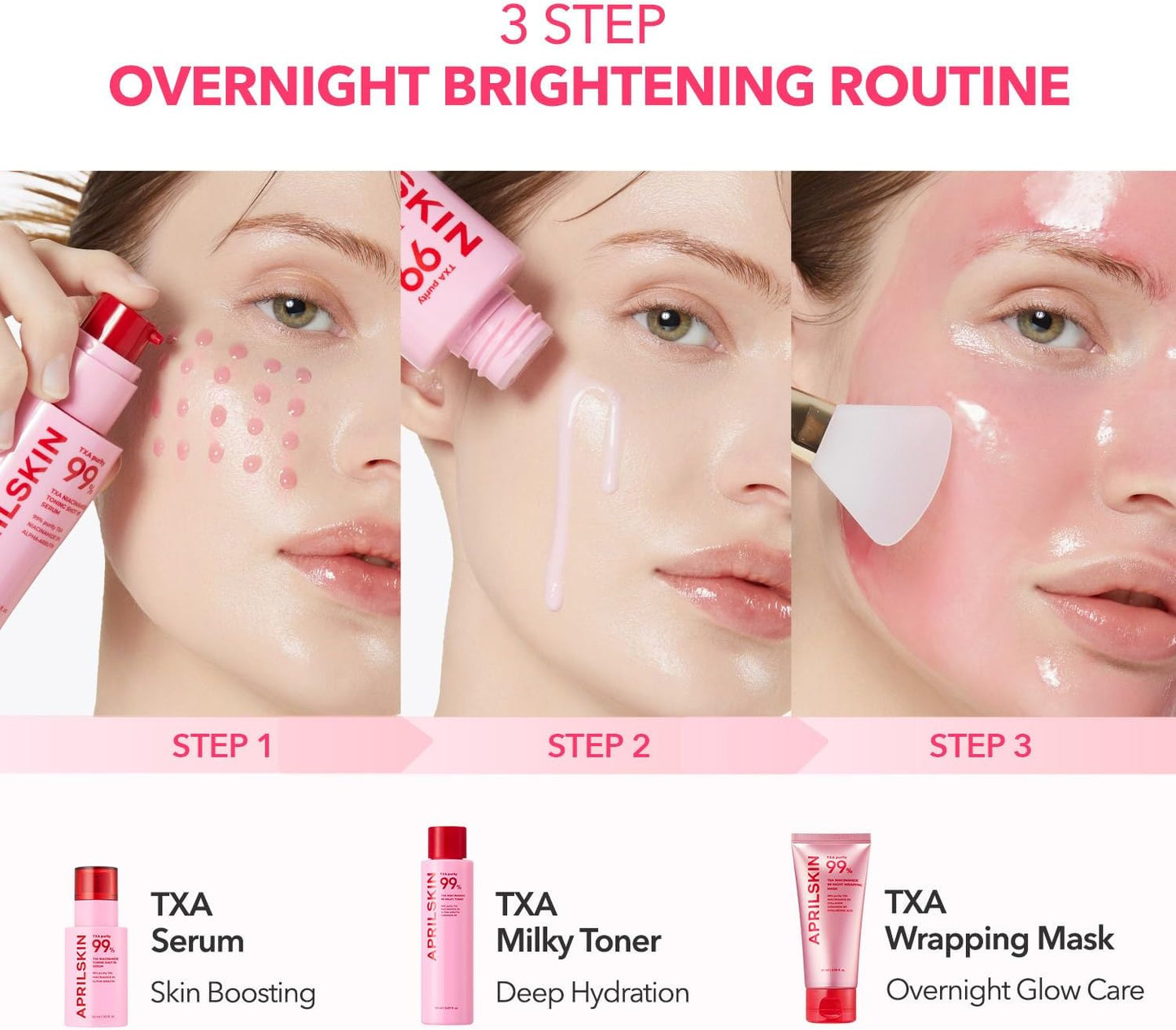 Three-step overnight brightening routine with a woman applying products to her face.
