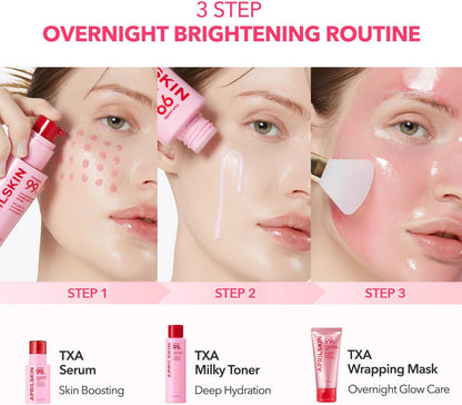 Three-step overnight brightening routine with a woman applying products to her face.