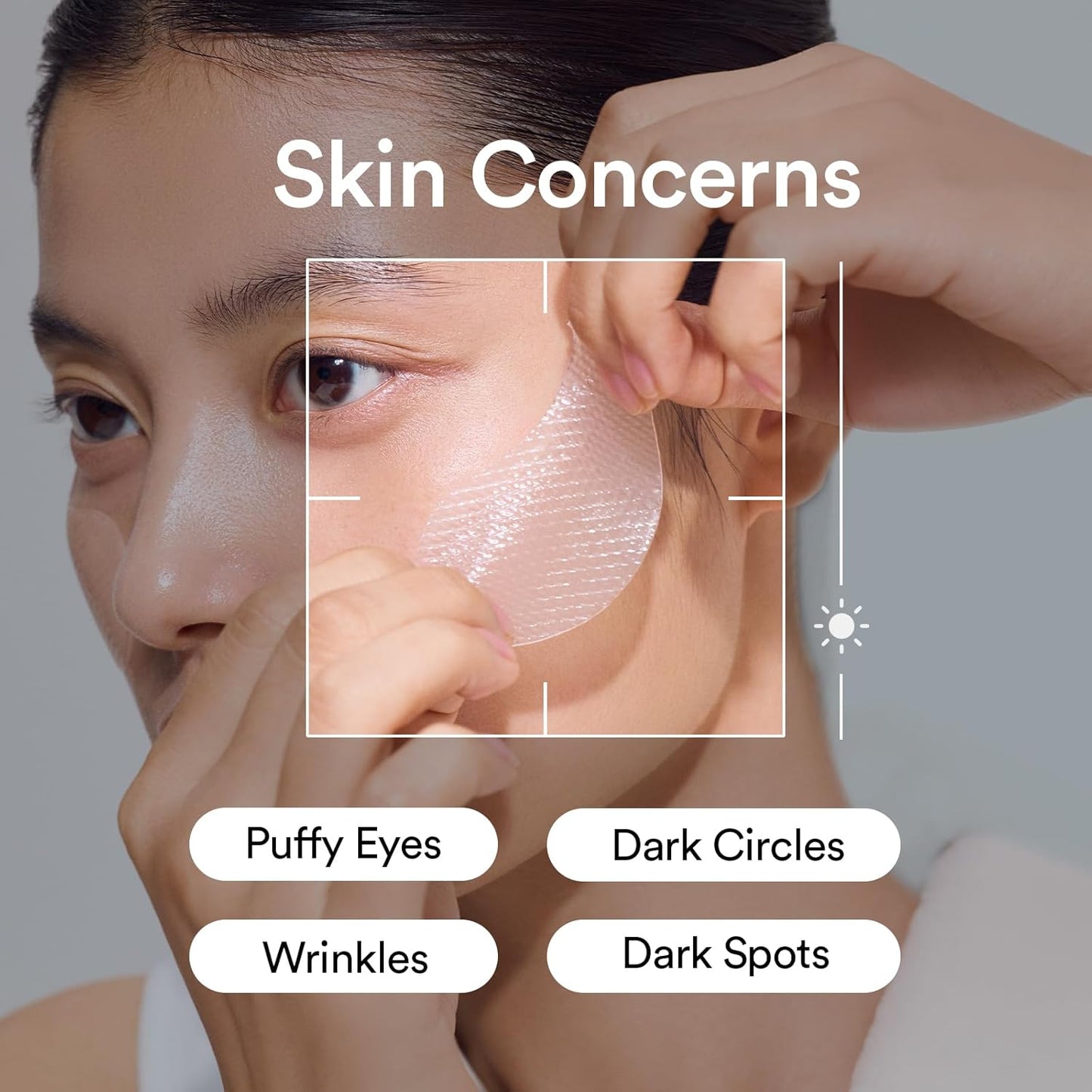 Woman applying cream to her face with text indicating skin concerns like puffy eyes, dark circles, wrinkles, and dark spots.