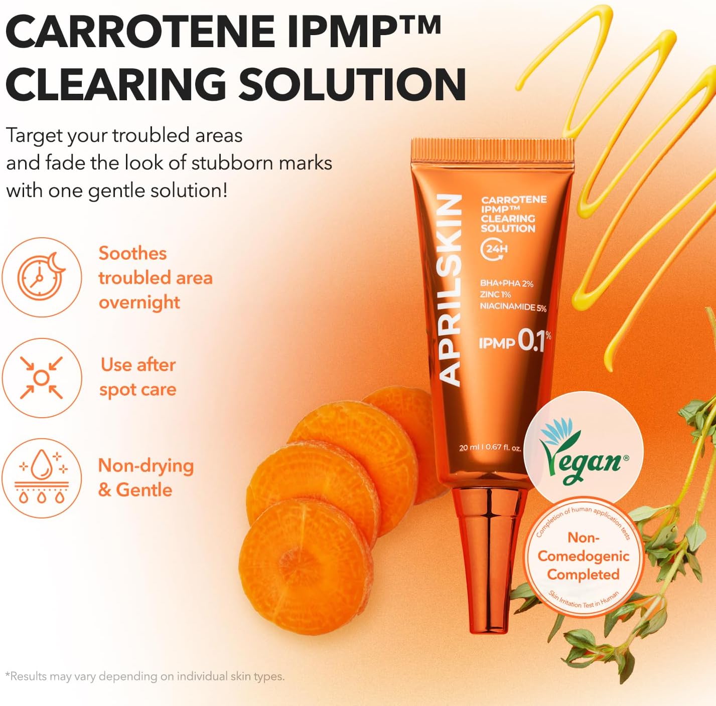 Aprilskin Carrotene IPMP Clearing Solution with carrots on an orange background