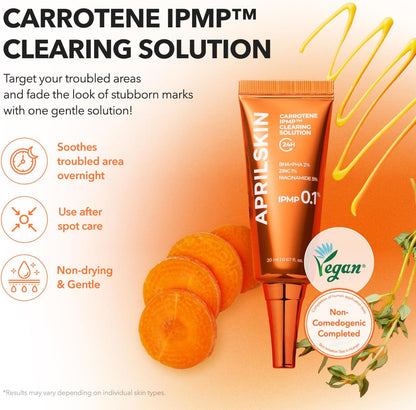 Aprilskin Carrotene IPMP Clearing Solution with carrots on an orange background