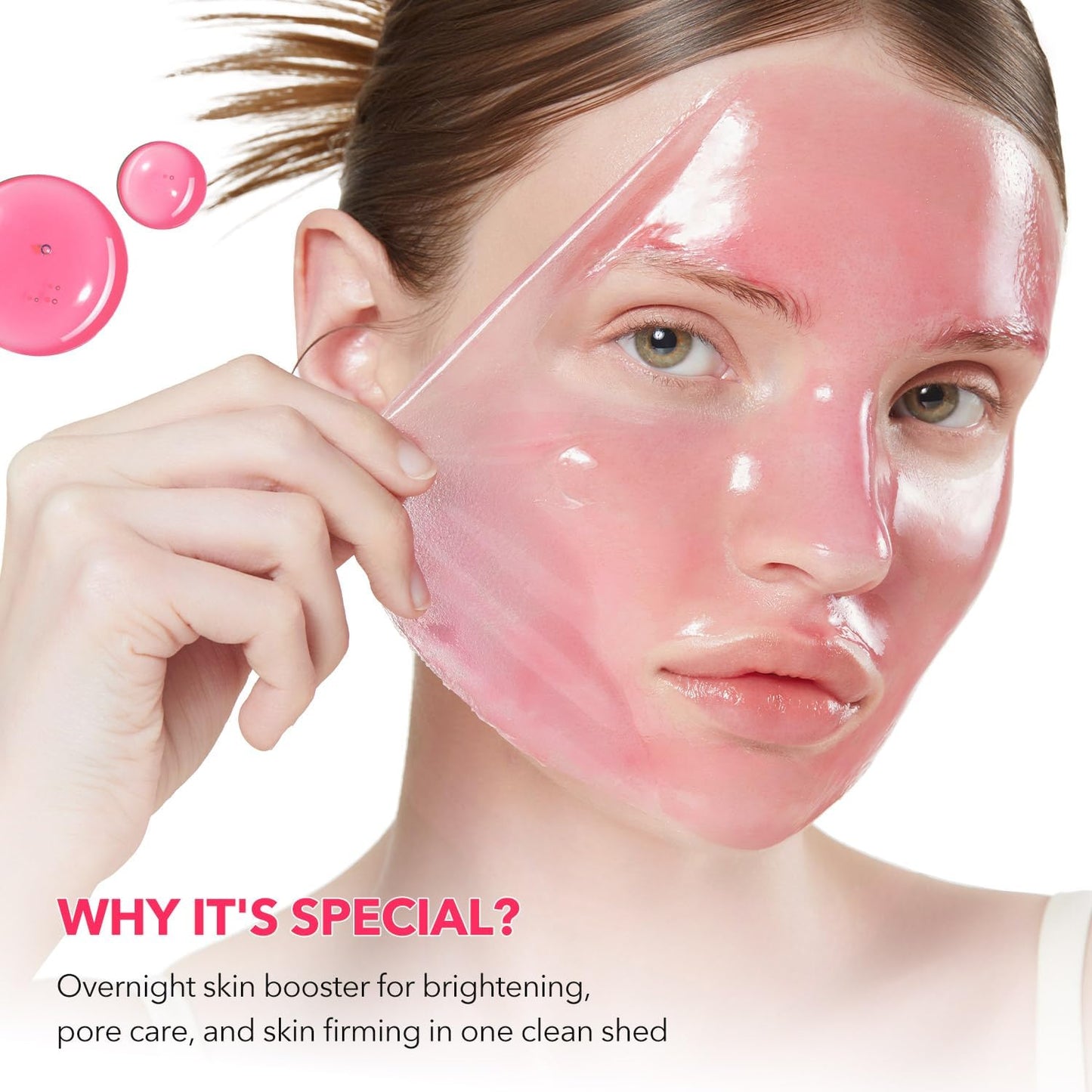 Woman applying a pink skincare product to her face with text highlighting its benefits.