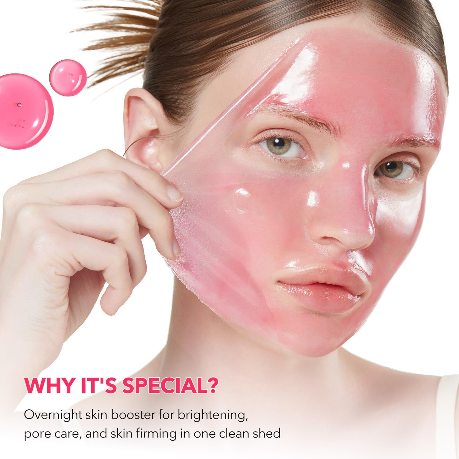 Woman applying a pink skincare product to her face with text highlighting its benefits.