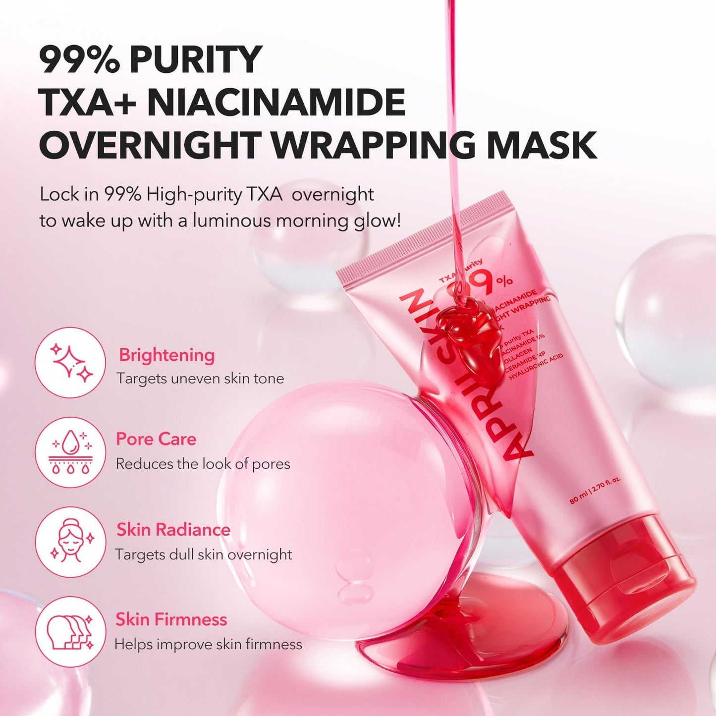99% Purity TXA+ Niacinamide Overnight Wrapping Mask with product packaging and benefits on a pink background