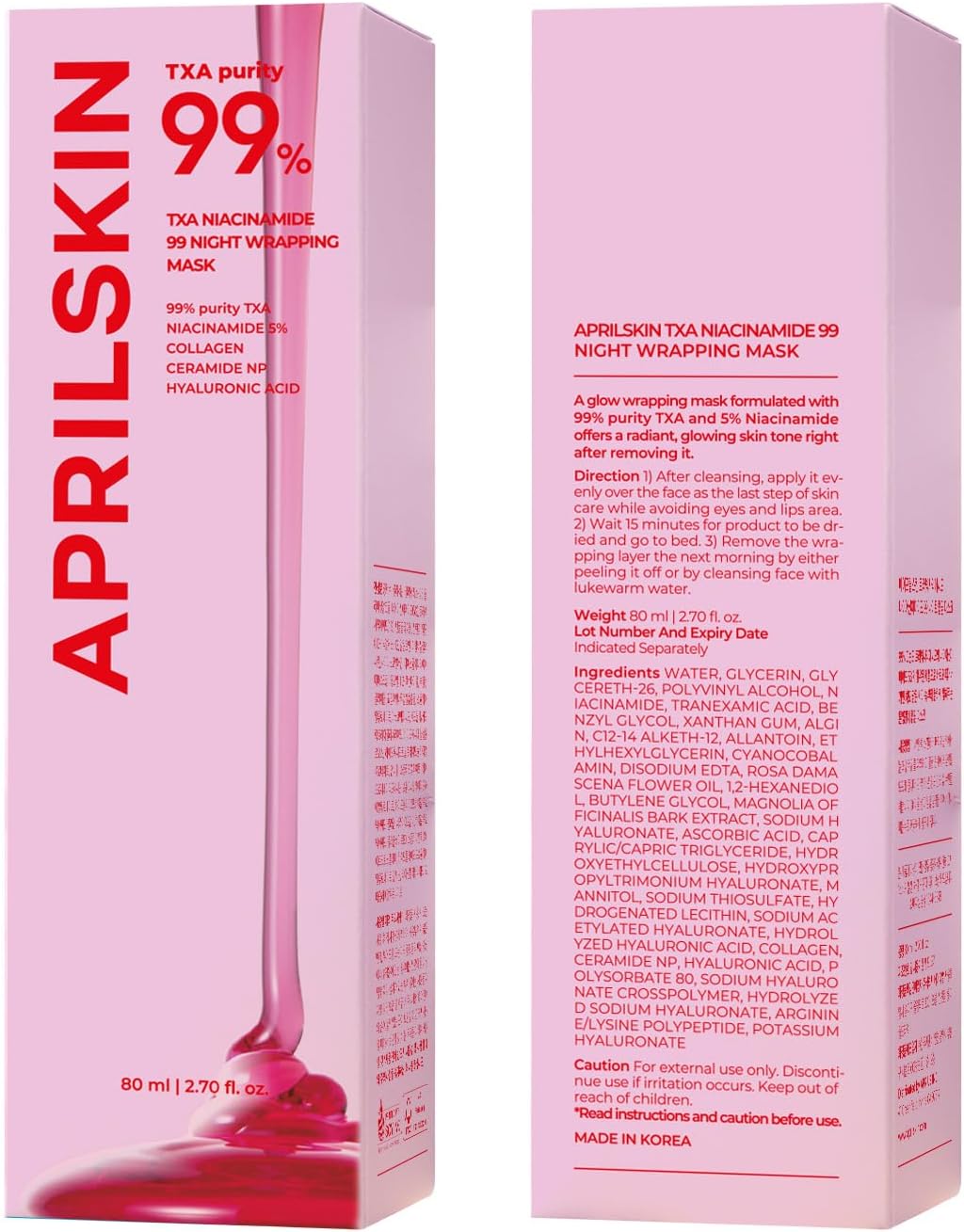 Aprilskin TXA Niacinamide 99 Night Wrapping Mask packaging with pink and red design.
