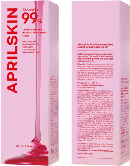 Aprilskin TXA Niacinamide 99 Night Wrapping Mask packaging with pink and red design.