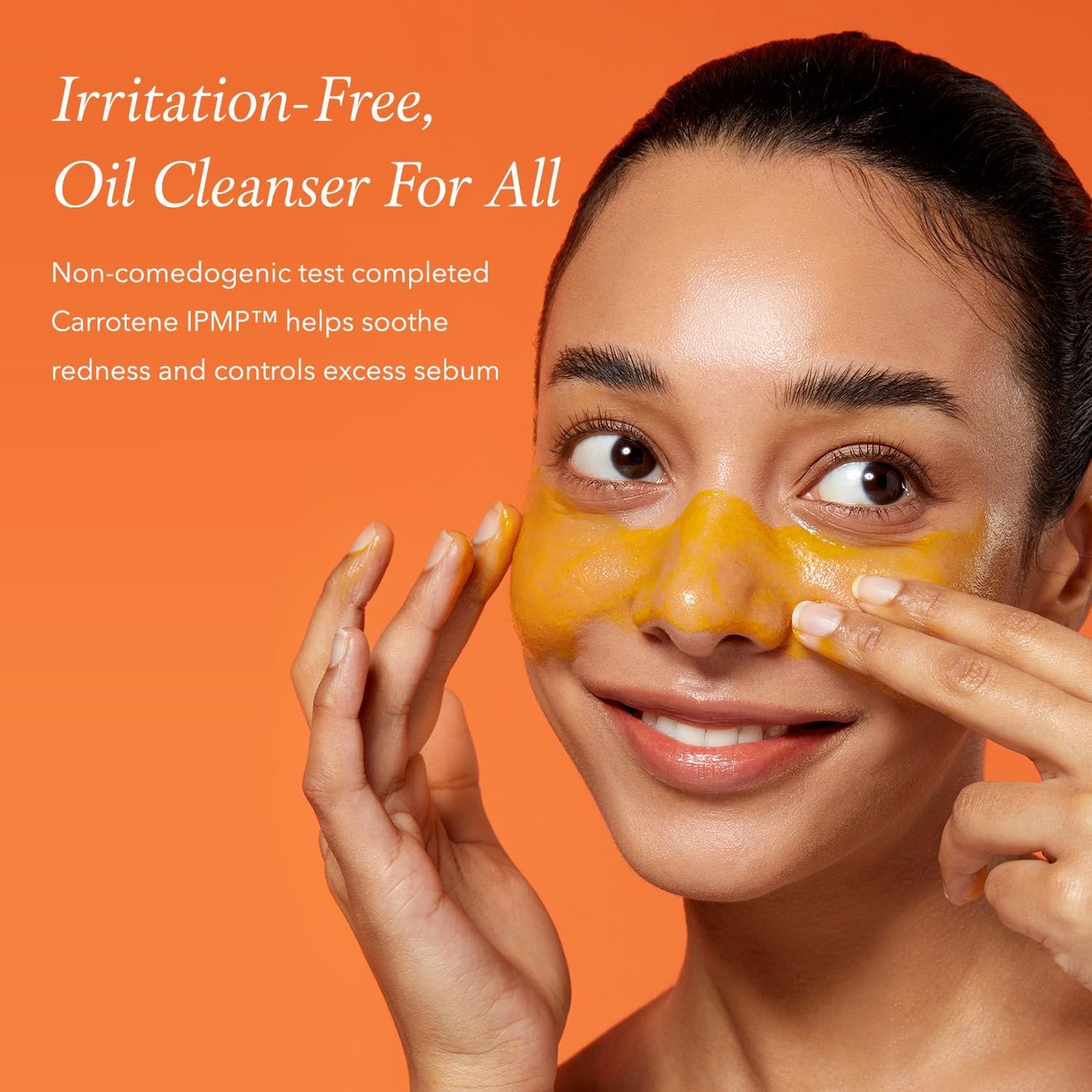Woman applying a yellow oil cleanser to her face with an orange background and text about the product.