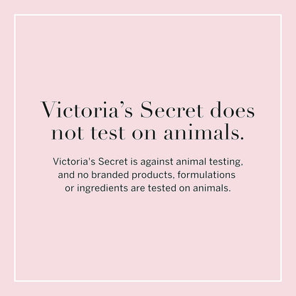 Pink background with black text stating Victoria's Secret does not test on animals.