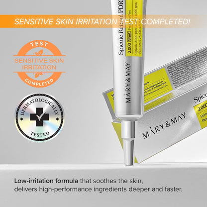 Skincare product with 'Sensitive Skin Irritation Test Completed' and 'Dermatologically Tested' badges on a gray background.