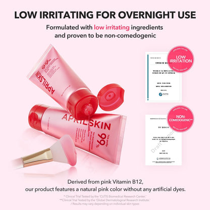 Pink skincare product with text highlighting low irritation and non-comedogenic properties on a white background.