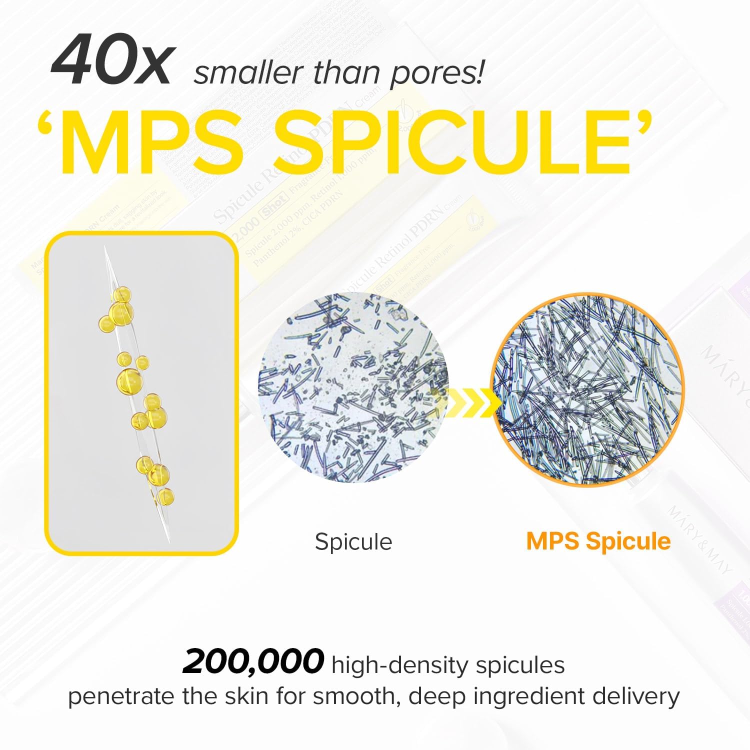 Advertisement for MPS Spicule with text and images of spicules on a white background
