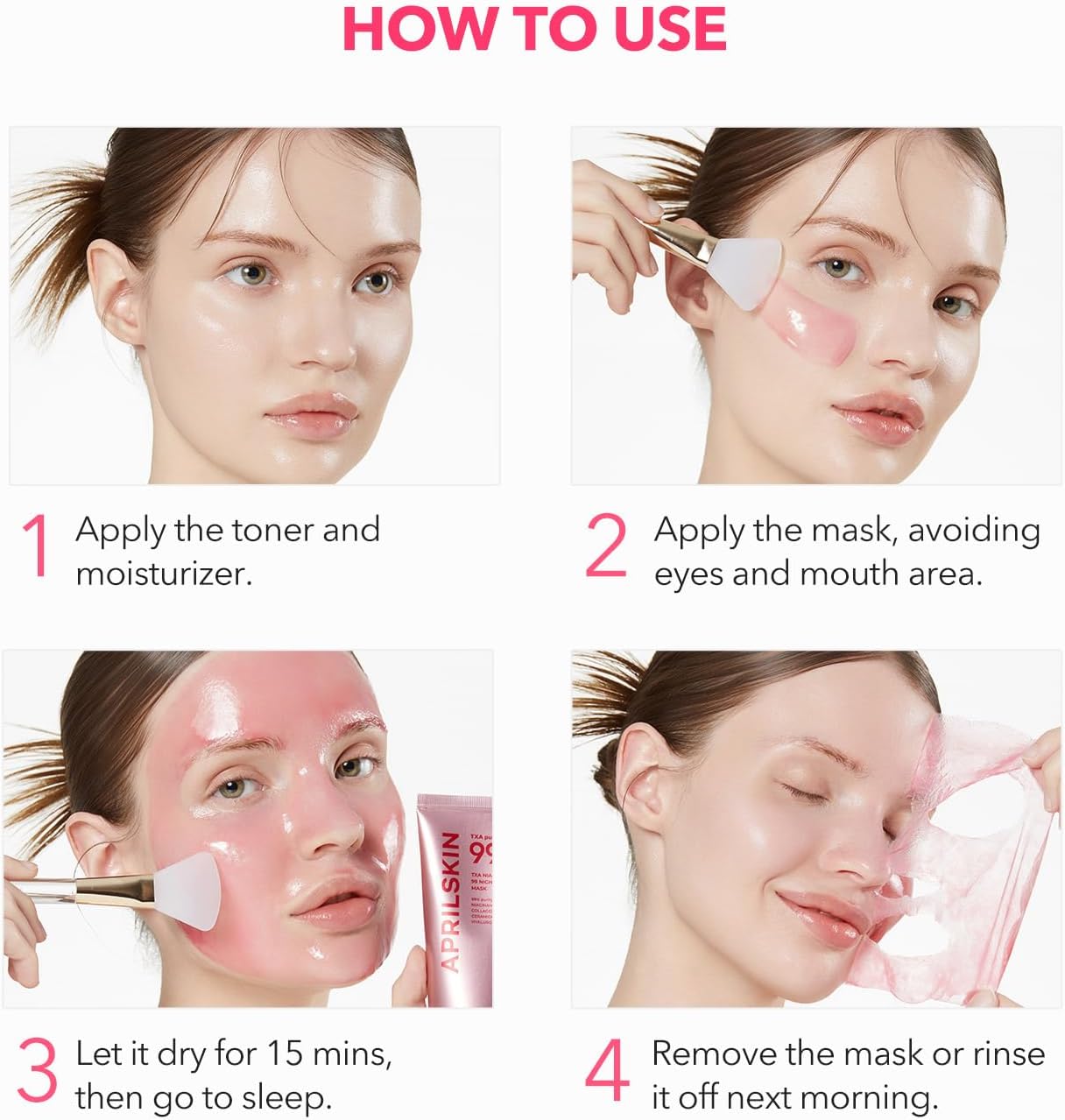 Step-by-step guide on how to use a facial mask with a woman applying it to her face.
