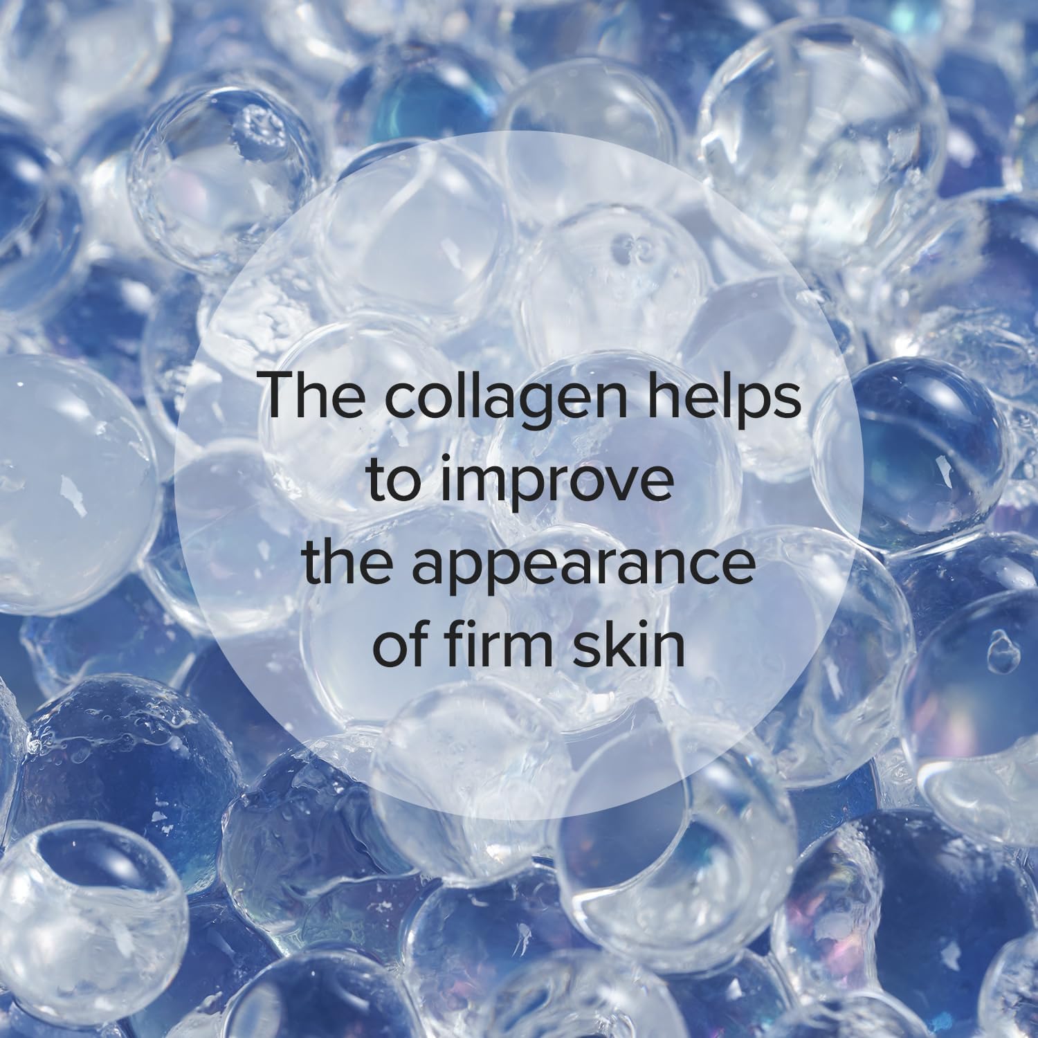 Collagen beads with text overlay on a blue background