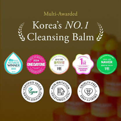 Promotional graphic for Korea's No. 1 cleansing balm with various awards and certifications on a brown background.