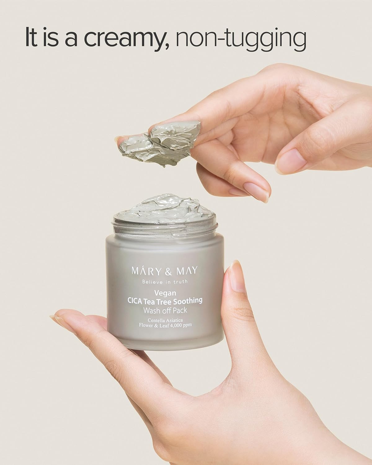 Hand holding a jar of Mary & May skincare product with text describing its texture.