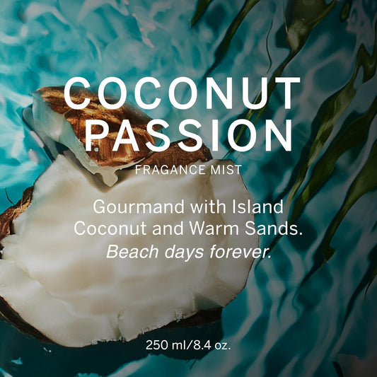 Coconut passion fragrance mist packaging with coconut and sand imagery