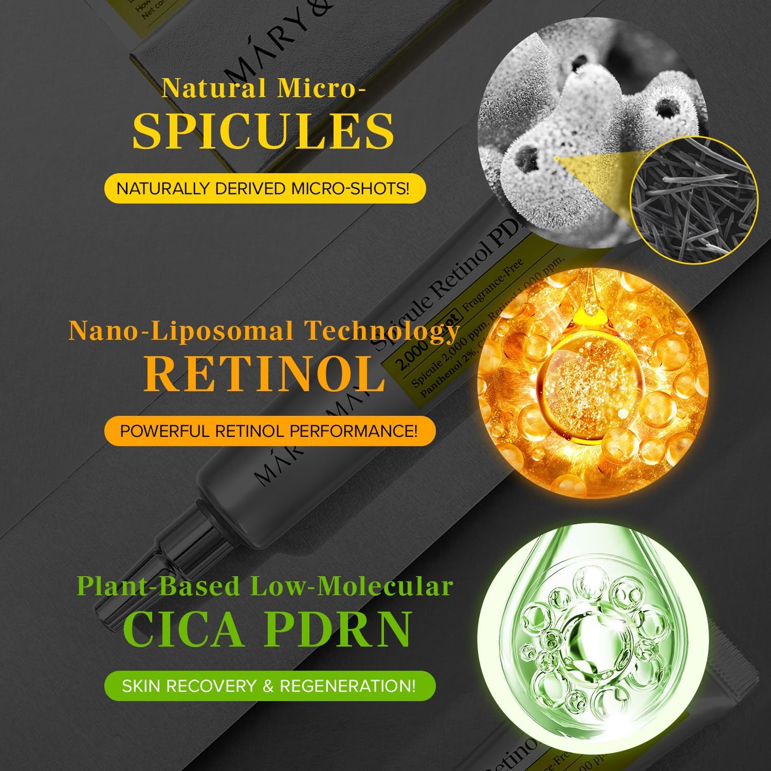 Product packaging with text about natural micro-spicules, nano-liposomal technology, retinol, and CICA PDRN on a dark background.
