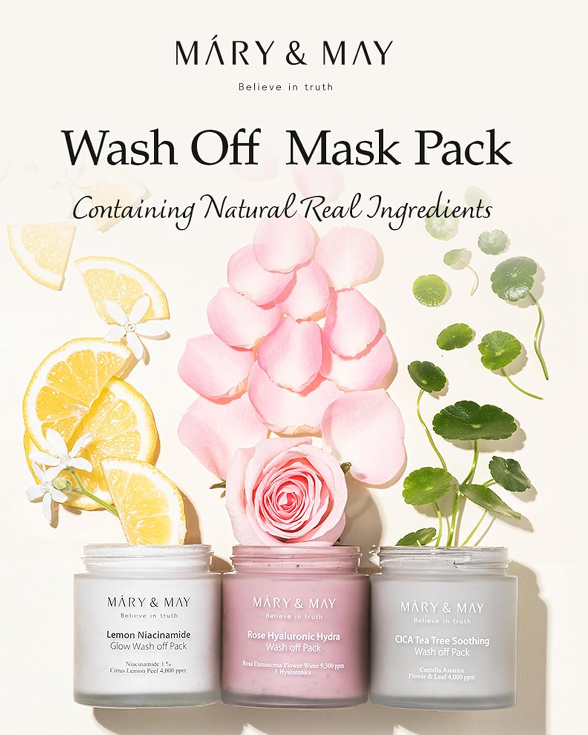 Mary & May wash off mask pack with natural ingredients and branding on a white background