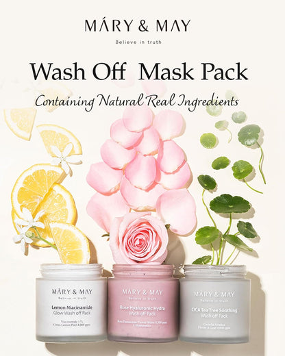 Mary & May wash off mask pack with natural ingredients and branding on a white background