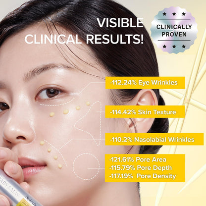 Woman's face with skincare product, showing visible clinical results on a yellow background