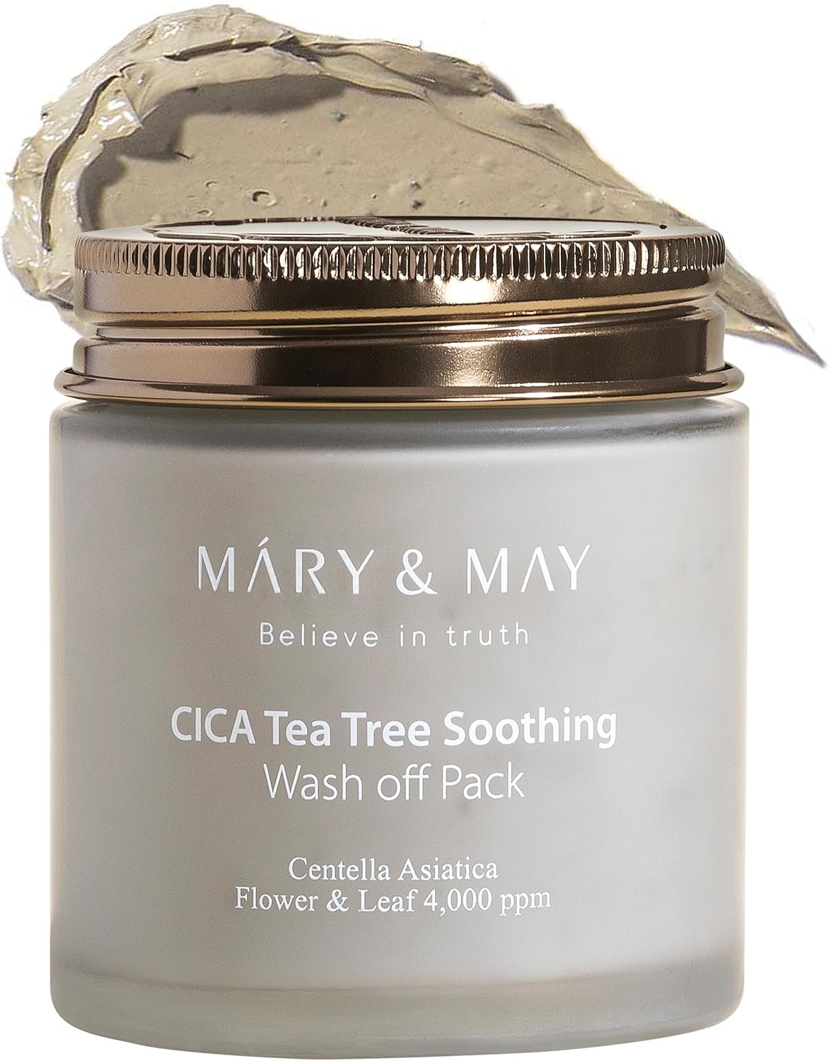 Jar of Mary & May CICA Tea Tree Soothing Wash off Pack with a gold lid.