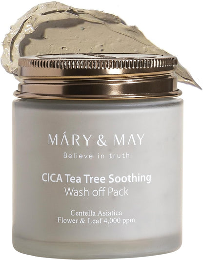 Jar of Mary & May CICA Tea Tree Soothing Wash off Pack with a gold lid.