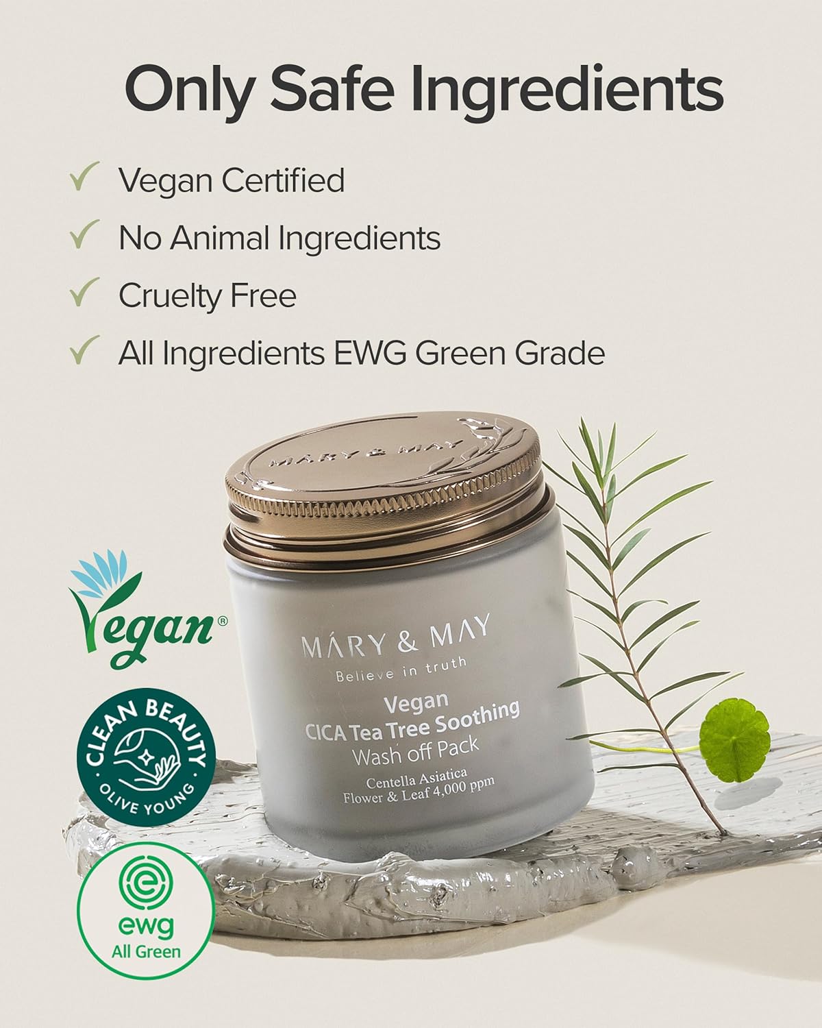 Cosmetic jar with vegan, cruelty-free, and EWG Green Grade certifications on a light background.