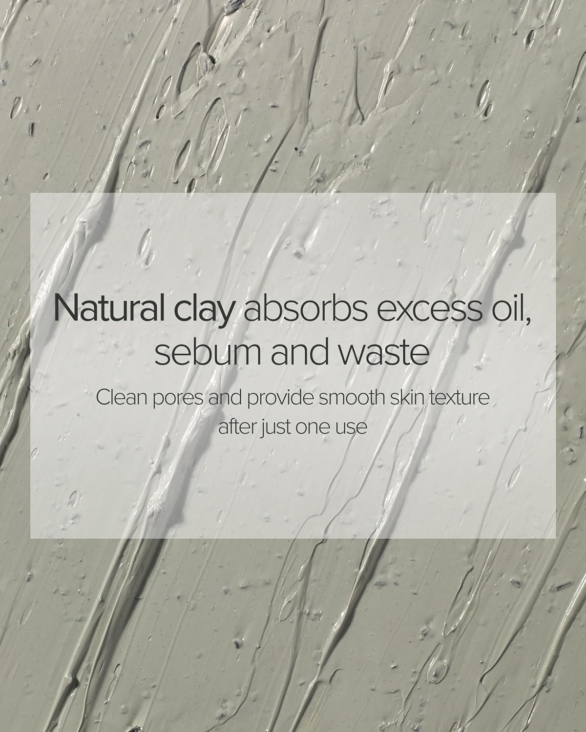 Text overlay on a textured gray background about natural clay's benefits for skin care.
