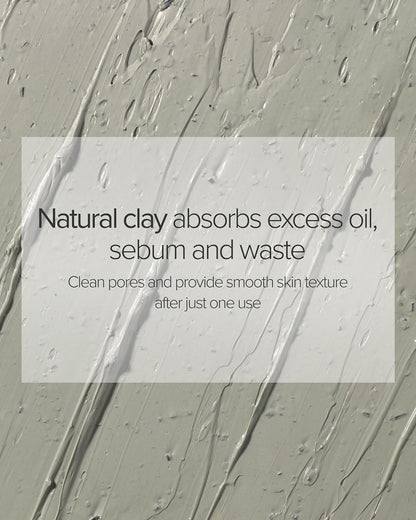 Text overlay on a textured gray background about natural clay's benefits for skin care.