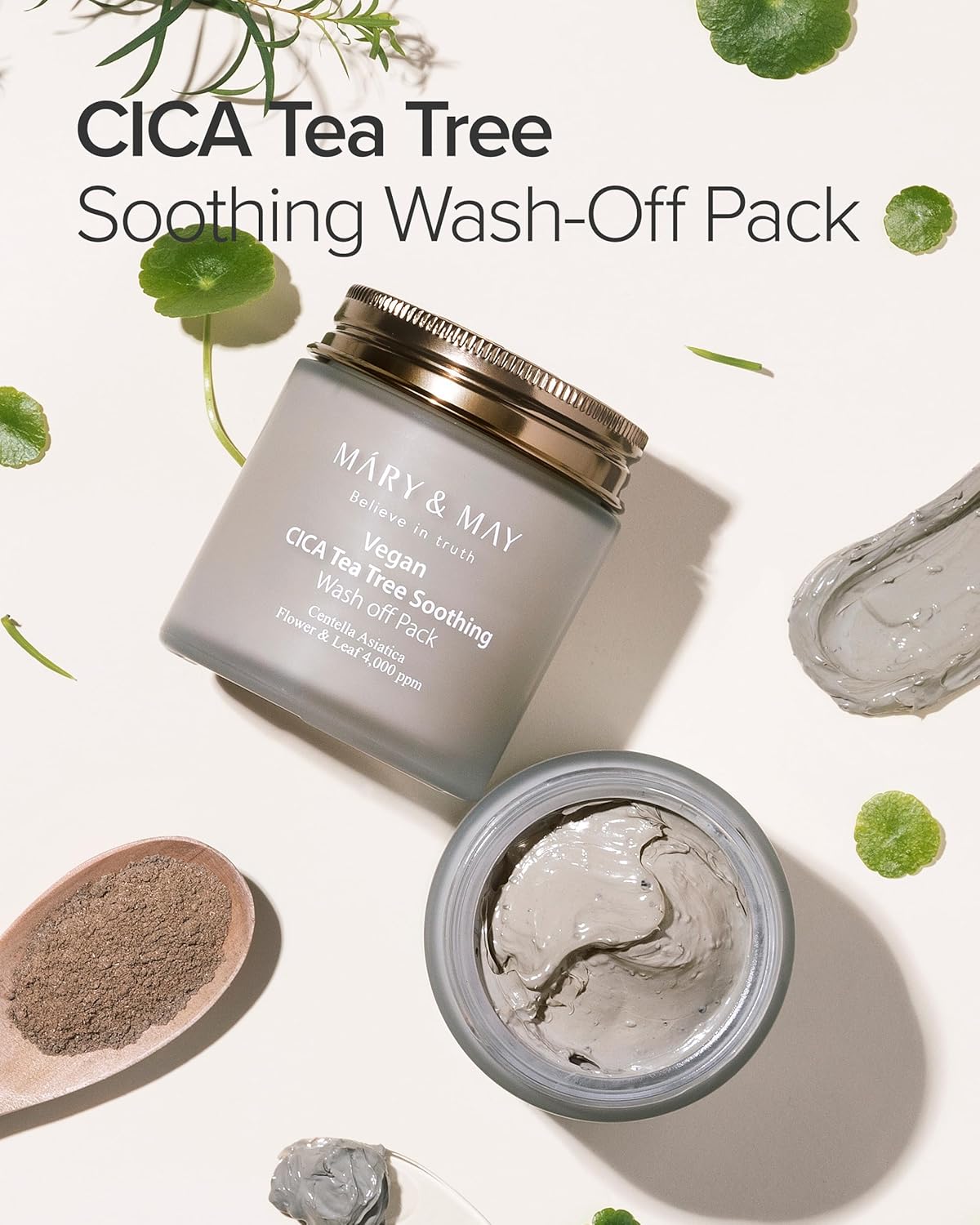 CICA Tea Tree Soothing Wash-Off Pack by Mary & May on a light background with green leaves.