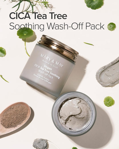 CICA Tea Tree Soothing Wash-Off Pack by Mary & May on a light background with green leaves.