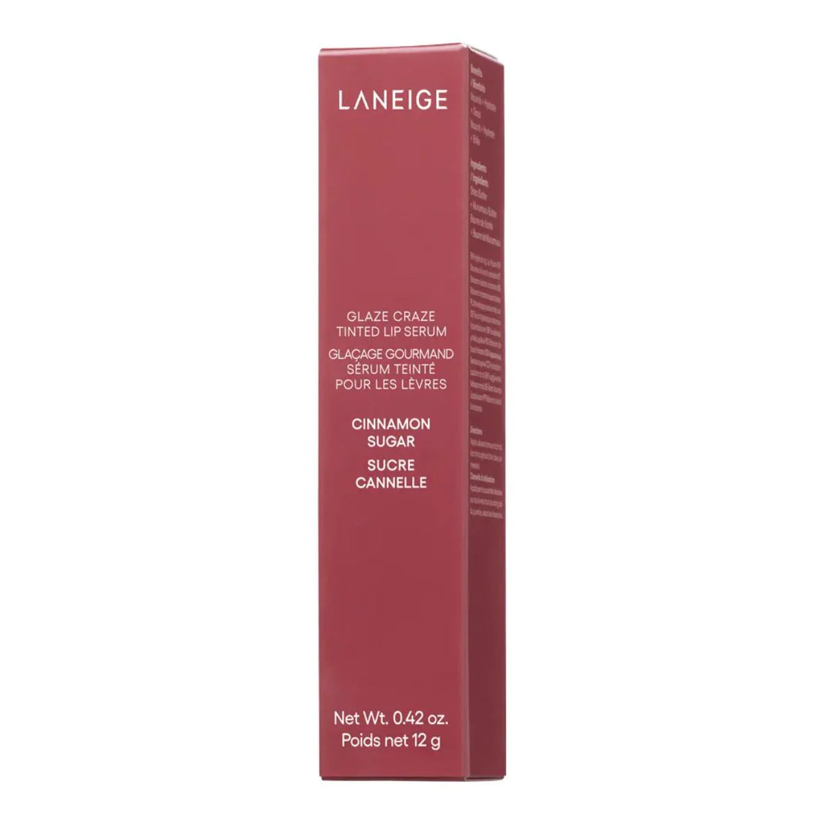 Laneige Glaze Craze Tinted Lip Serum packaging in cinnamon sugar flavor on a white background