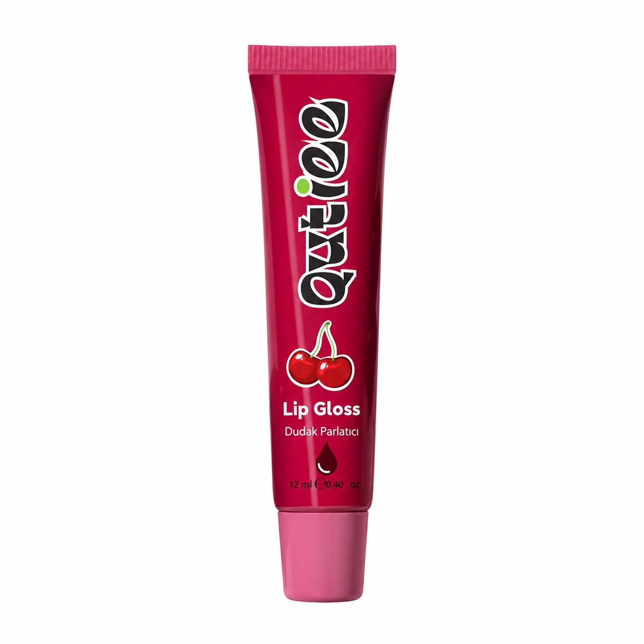 Red lip gloss tube with cherry design on a white background