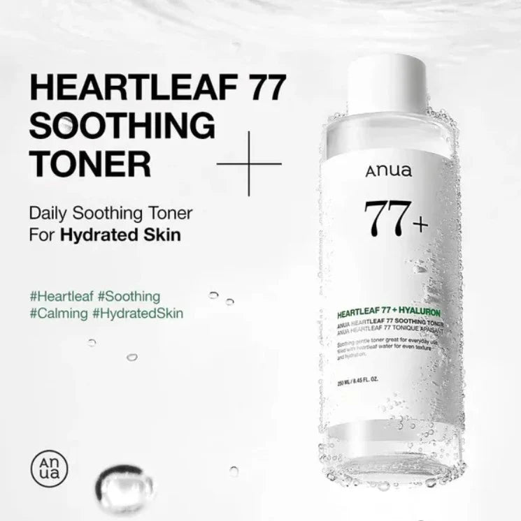 Anua Heartleaf 77 Soothing Toner bottle with text on a white background