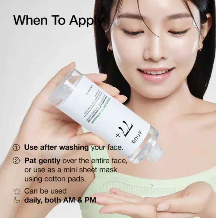 Woman holding a skincare product with application instructions on a white background