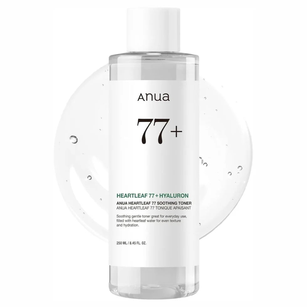 Clear bottle of Anua Heartleaf 77+ Hyaluron toner on a white background