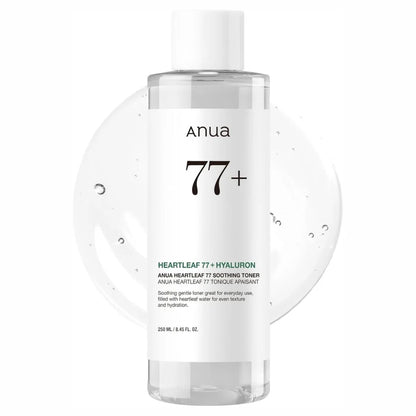 Clear bottle of Anua Heartleaf 77+ Hyaluron toner on a white background