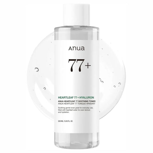 Clear bottle of Anua Heartleaf 77+ Hyaluron toner on a white background