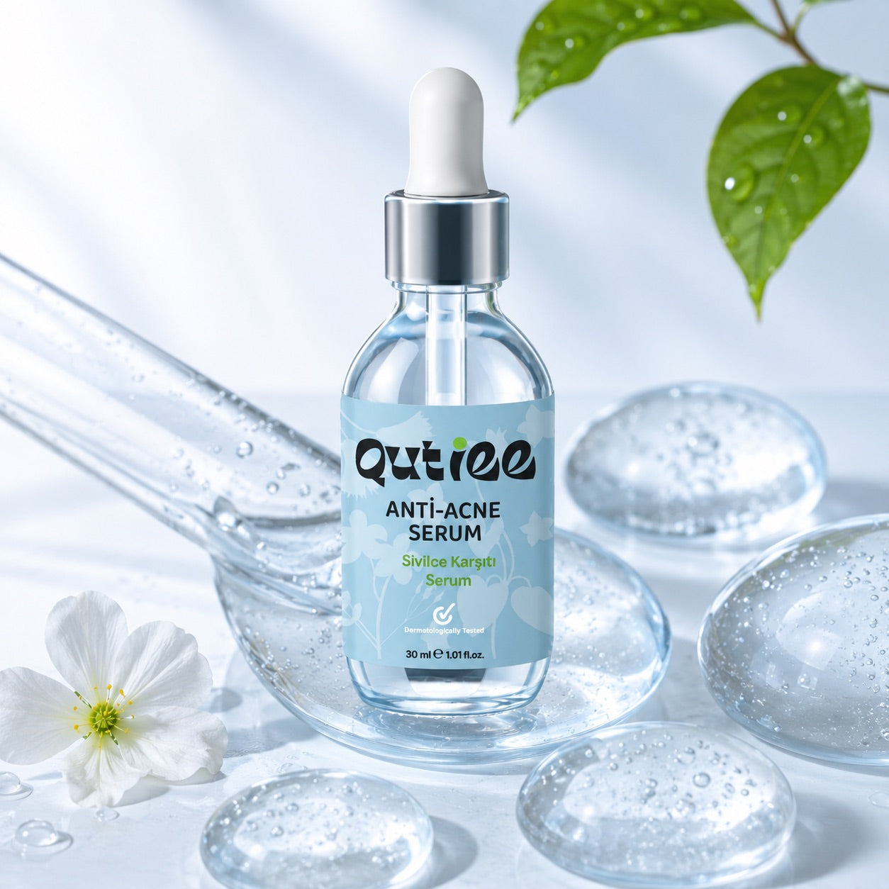 Qutiee Anti-Acne Serum bottle with dropper on a light background with flowers and leaves.