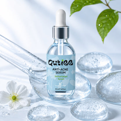 Qutiee Anti-Acne Serum bottle with dropper on a light background with flowers and leaves.