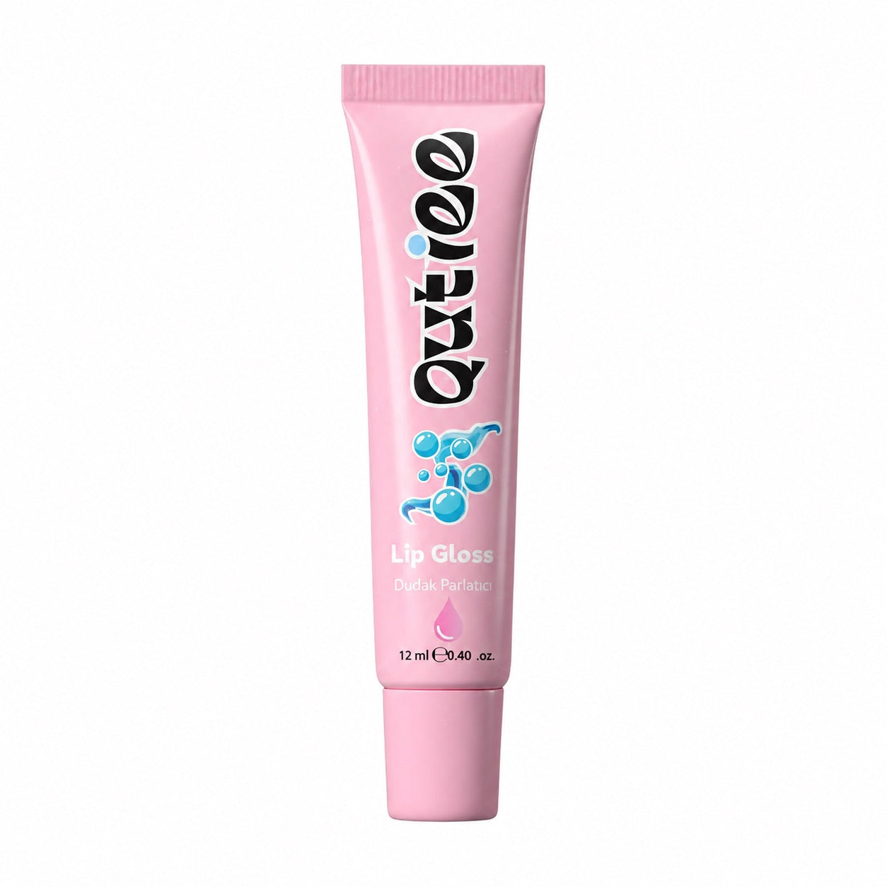 Pink lip gloss tube with brand logo on a white background