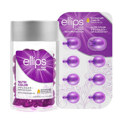 Ellips hair vitamin packaging with purple capsules and branded box on a white background